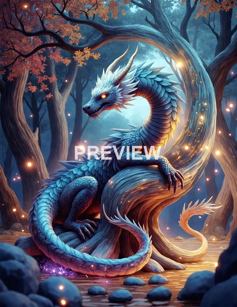 A majestic, mythical blue and white dragon with glowing orange eyes, sitting on a twisted tree branch in a magical forest with glowing fireflies and autumn-colored leaves.